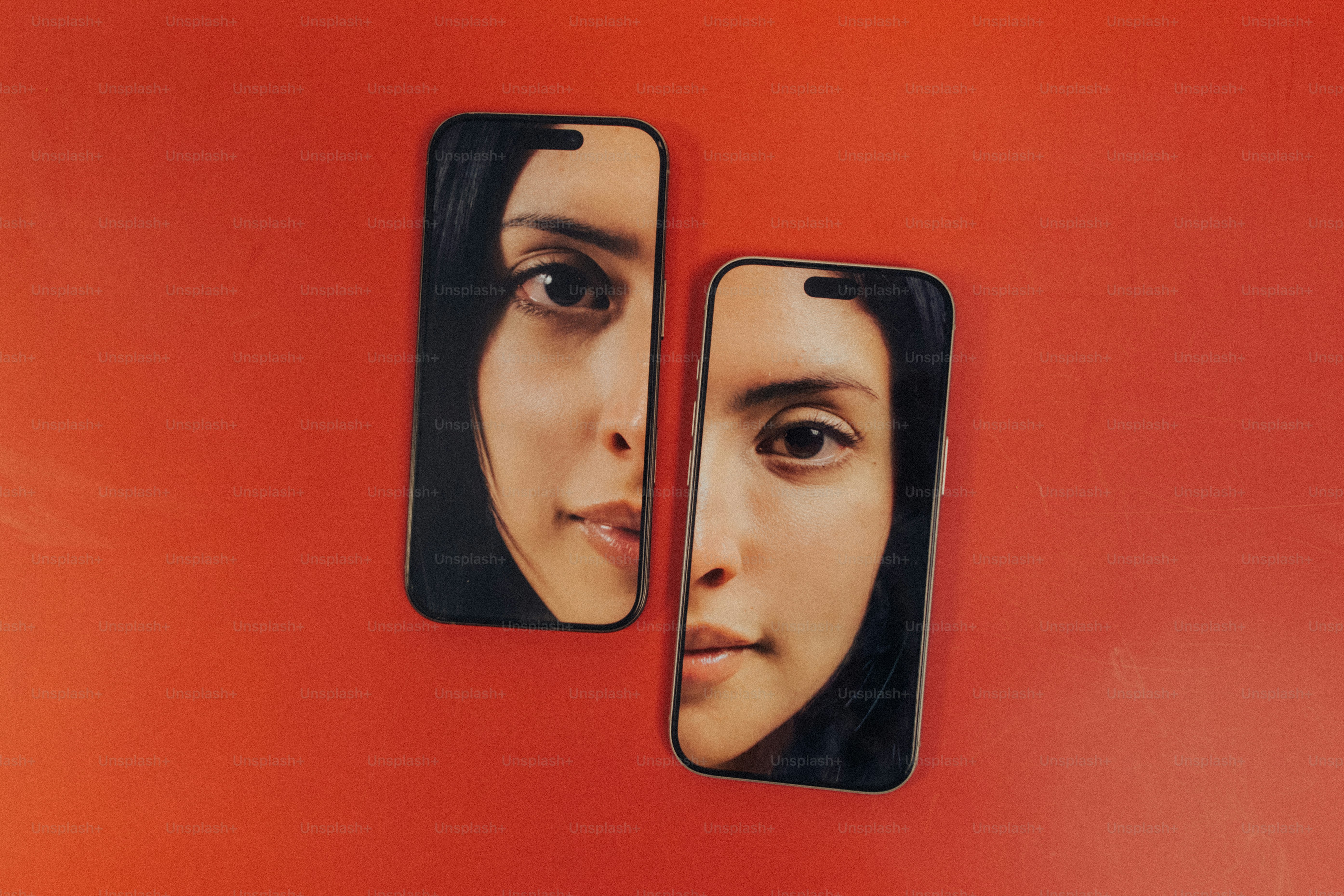 Smartphones displaying face halves - Photo on Unsplash+