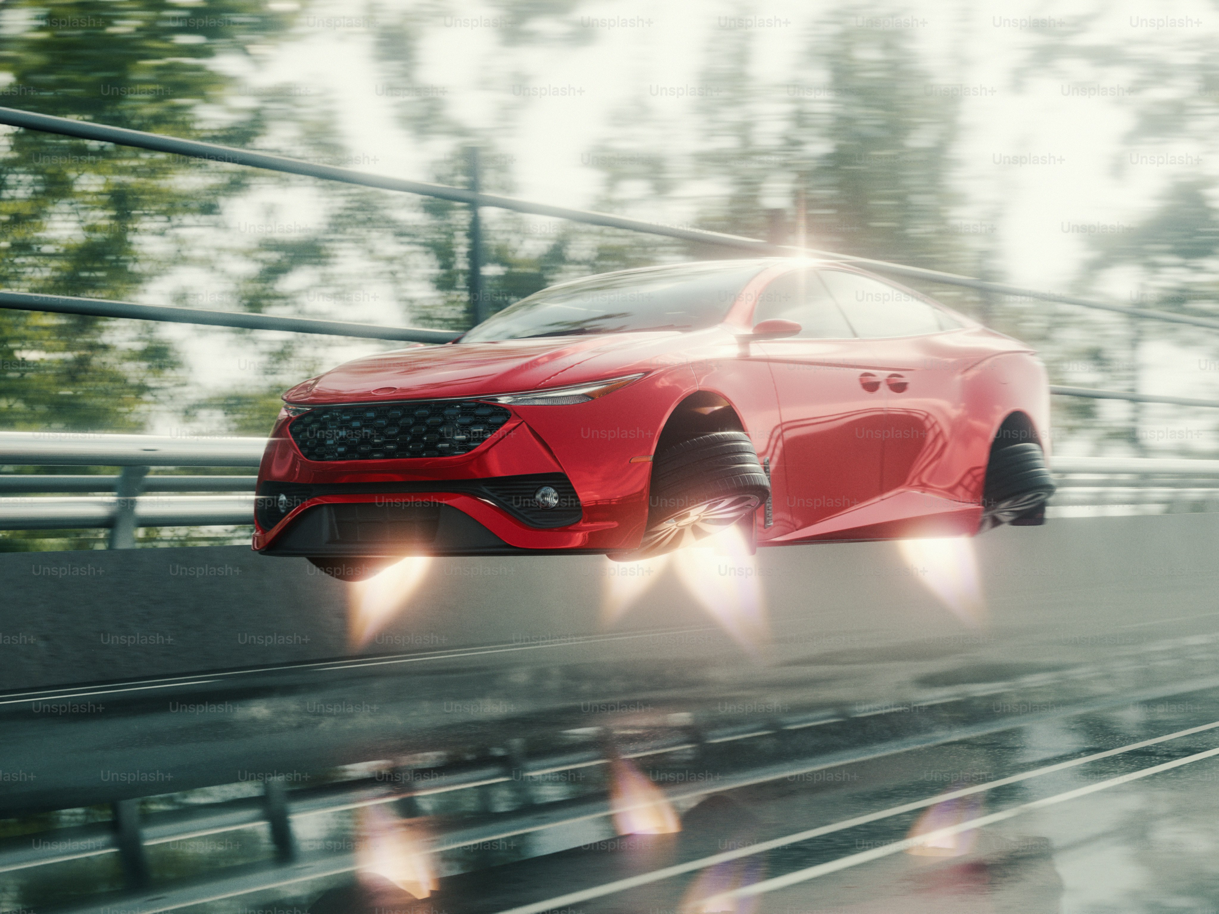Red futuristic car hovering on highway - Photo on Unsplash+