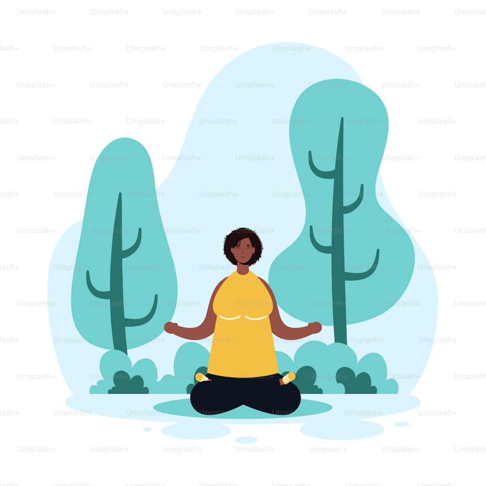 afro woman practicing yoga in the park vector illustration design