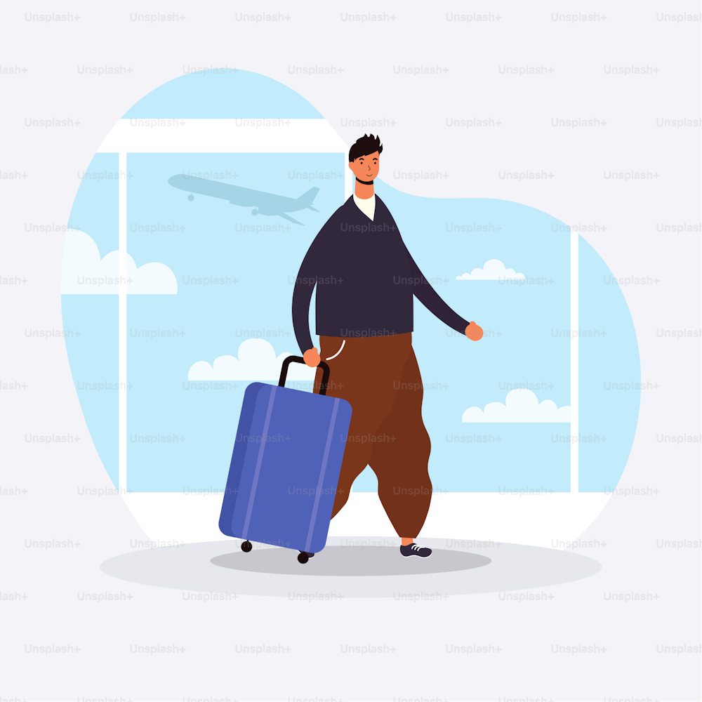 young man casual with suitcase avatar character vector illustration design