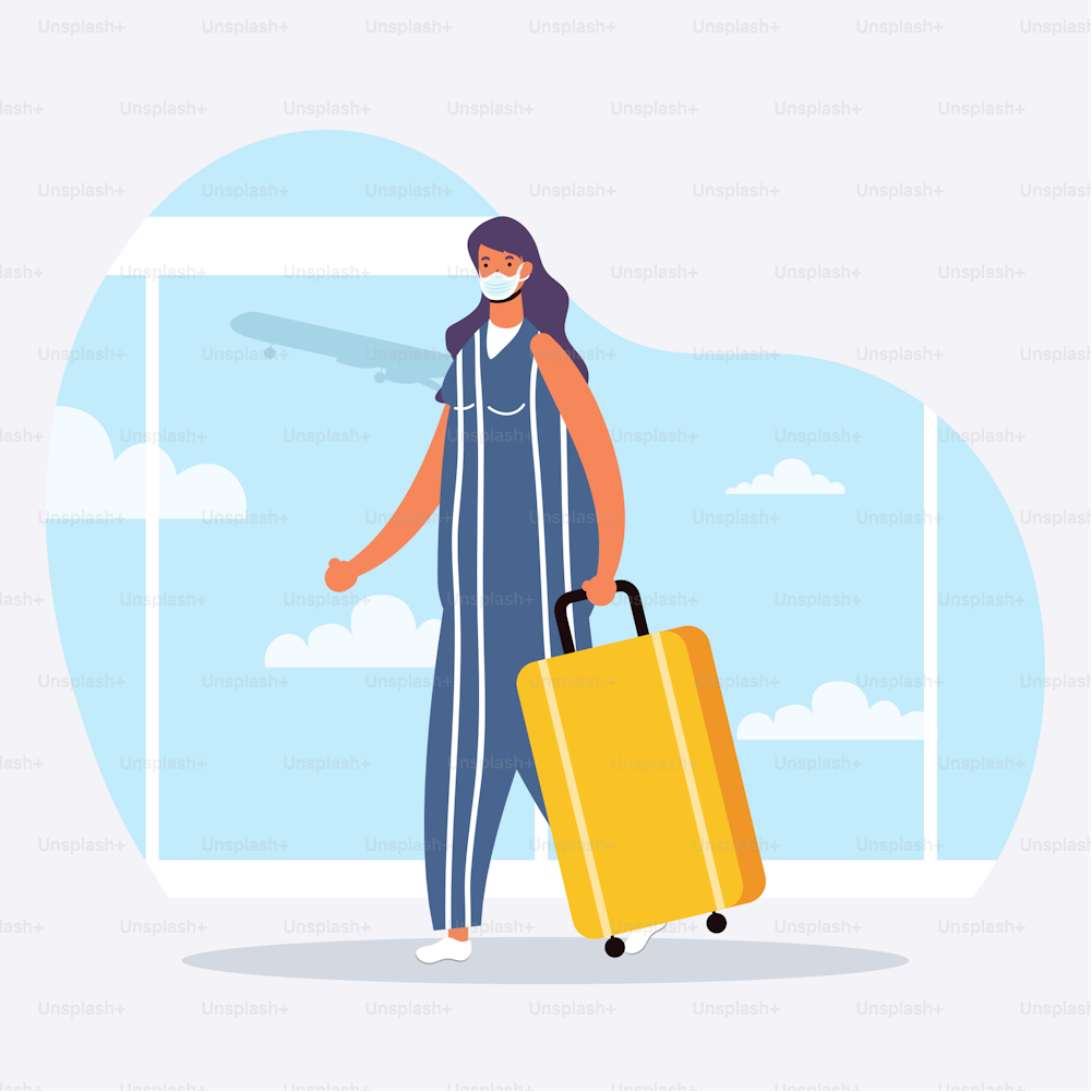 young woman wearing medical mask with suitcase character vector illustration design