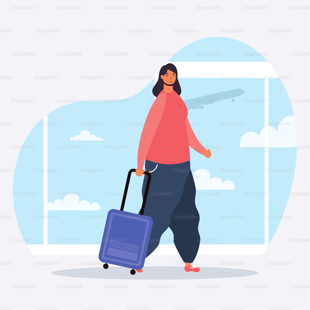 Giovane viaggiatore della donna con il disegno dell'illustrazione del vettore del carattere dell'avatar della valigia