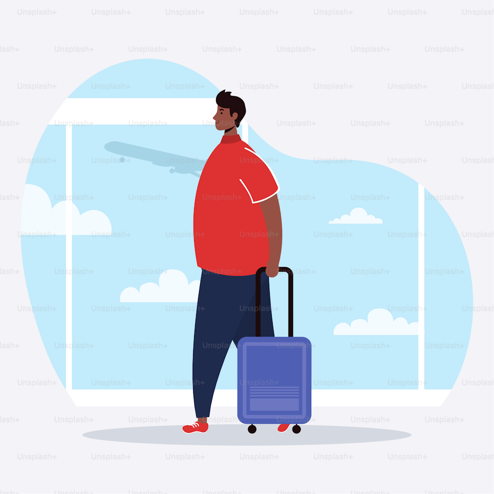 afro young man with suitcase avatar character vector illustration design