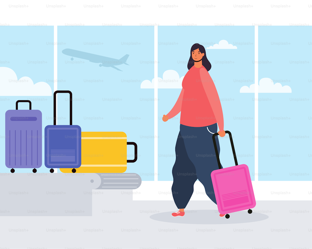 Viajera joven con maletas en banda de transporte Diseño de ilustración vectorial