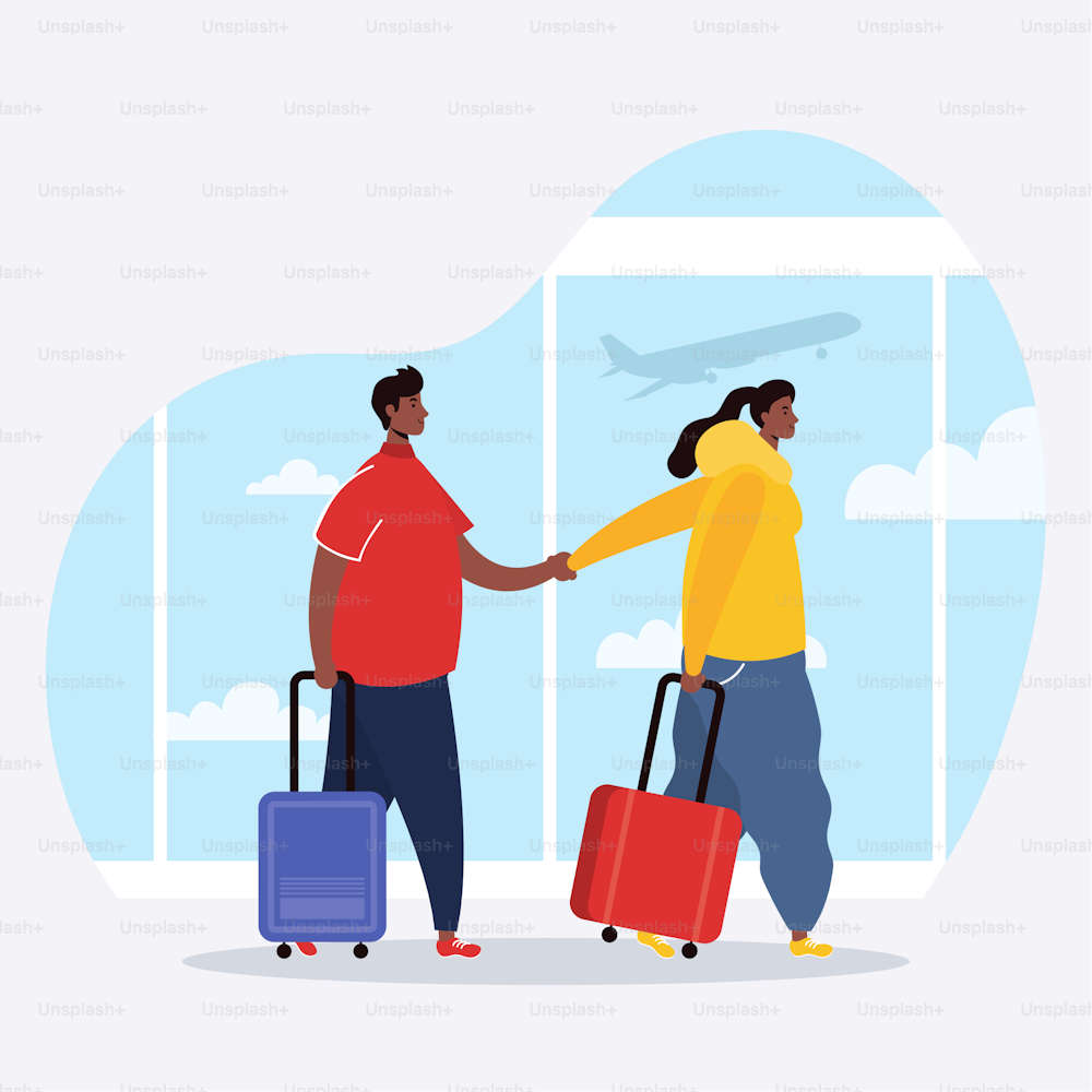 interracial couple travelers with suitcases avatars characters vector illustration design