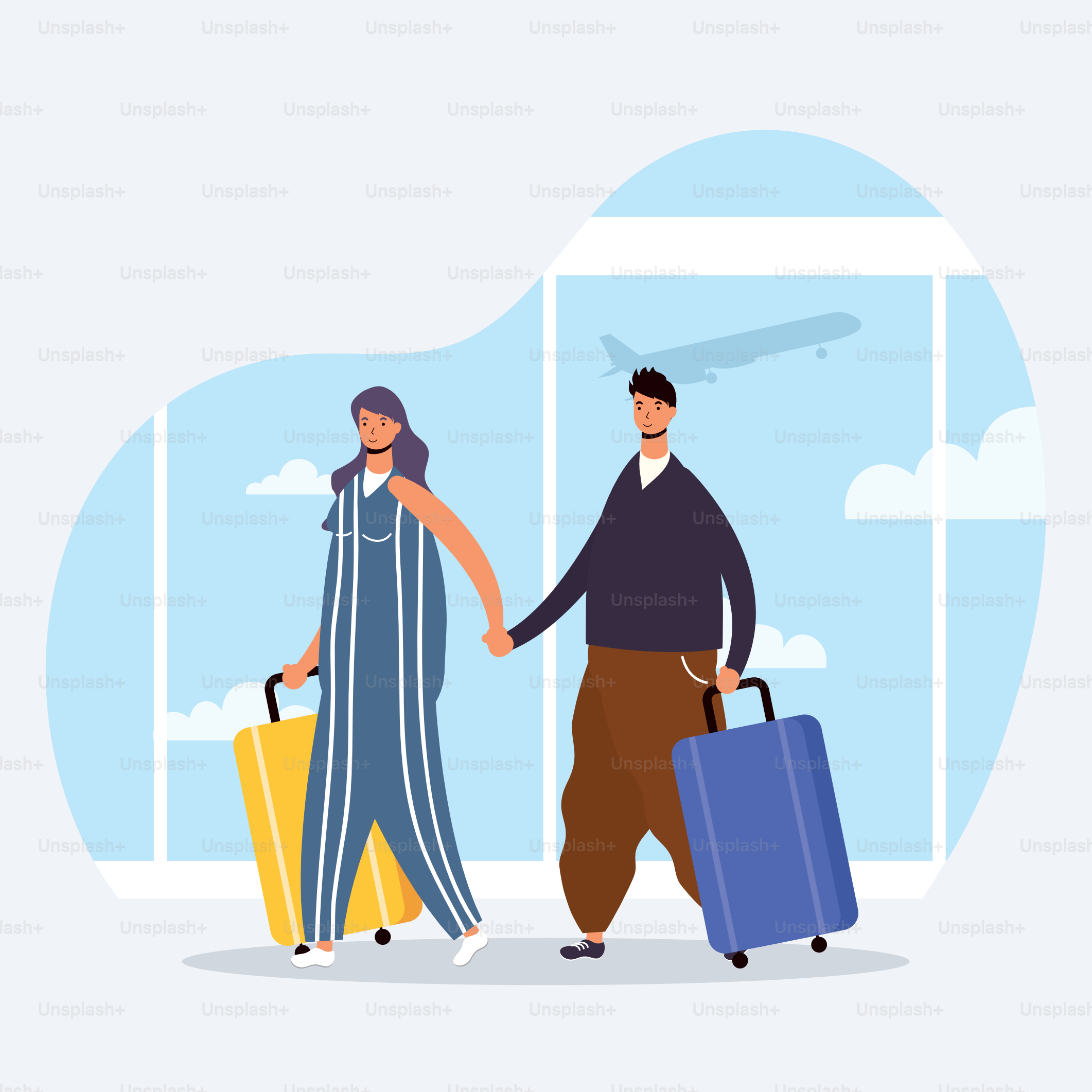 Junges Paar, Reisende mit Koffern, Avatare, Charaktere, Vektorillustrationsdesign