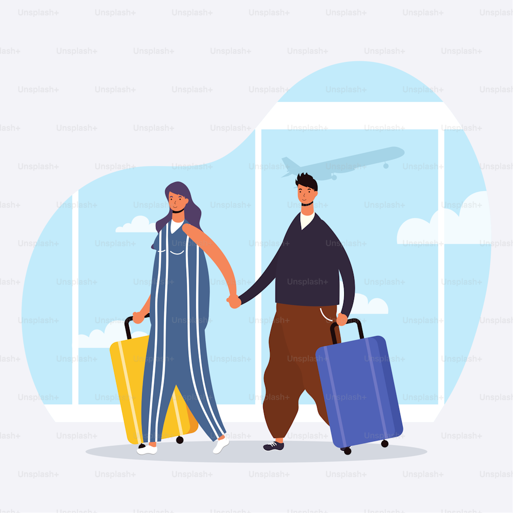 young couple travelers with suitcases avatars characters vector illustration design