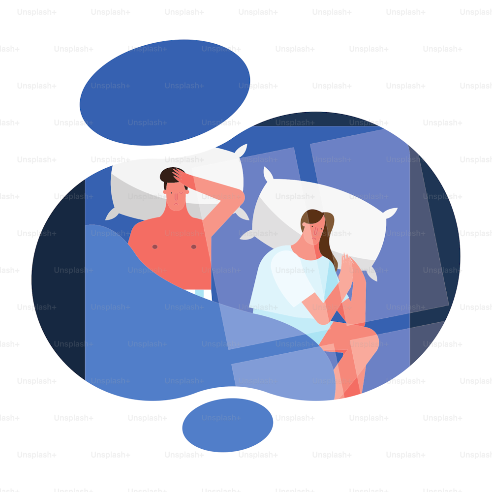 couple in bed scene suffering from insomnia characters vector illustration design