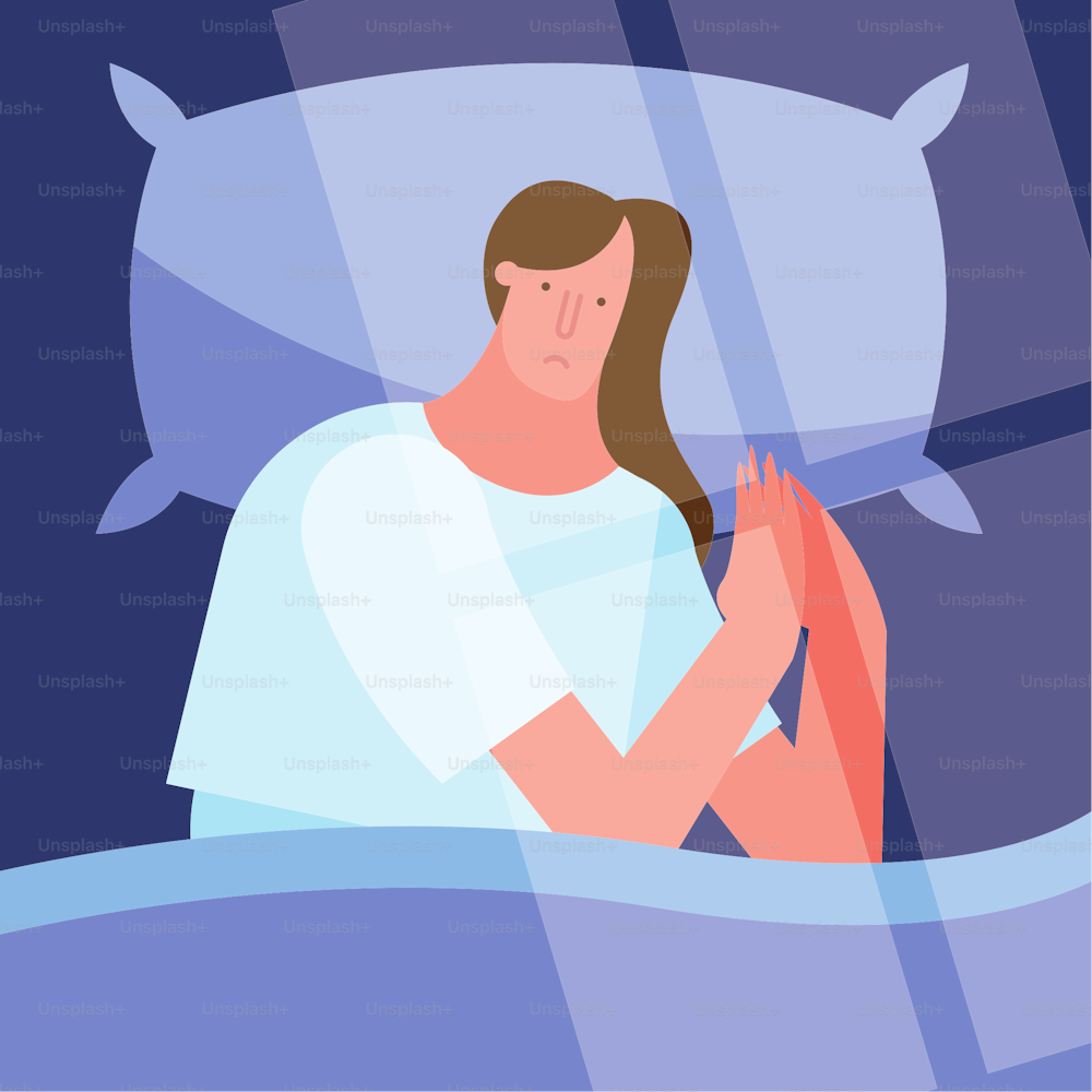 불면증으로 고통받는 침대에 있는 여자 벡터 일러스트레이션 디자인