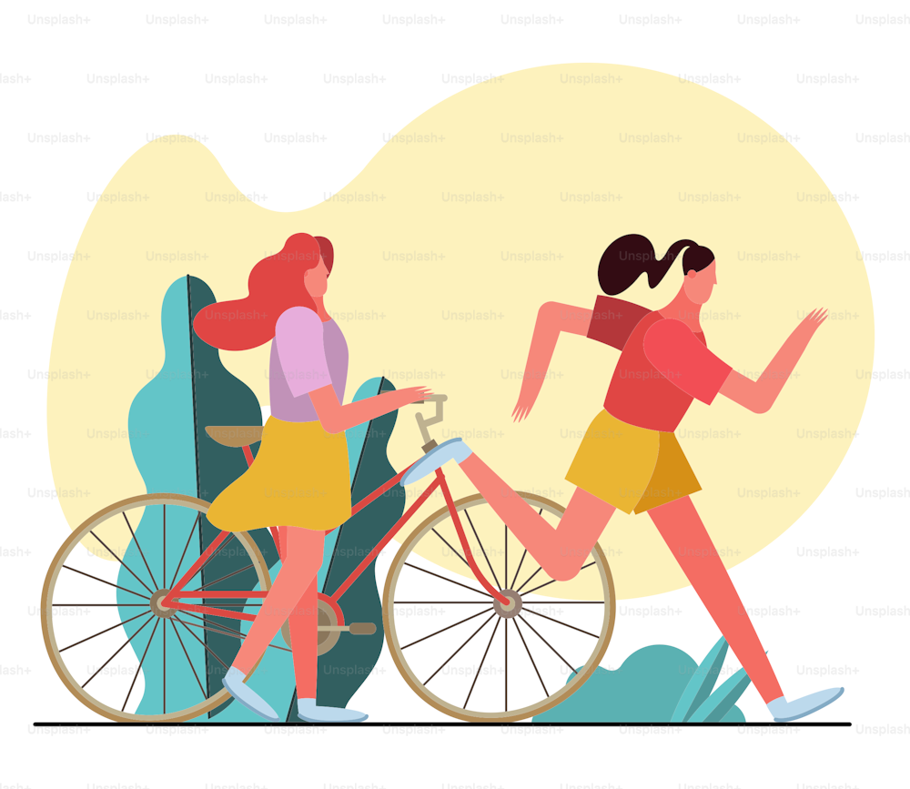 young women running and bike ride characters in the camp vector illustration design