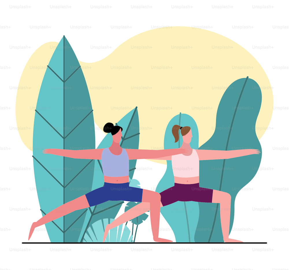 Mujeres jóvenes practicando gimnasia personajes vector ilustración diseño