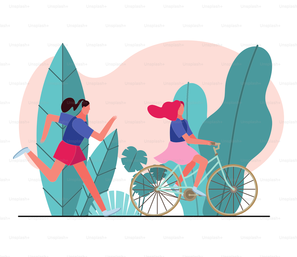 Jeunes femmes Course à pied et vélo Personnages Illustration vectorielle Design