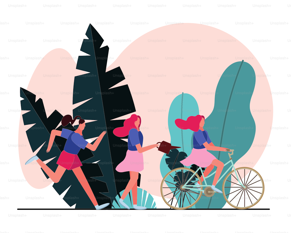 젊은 여성 달리기와 자전거 타기 벡터 일러스트레이션 디자인