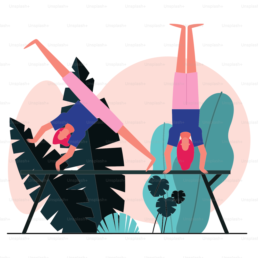 young women practicing gymnastics in bar characters vector illustration design