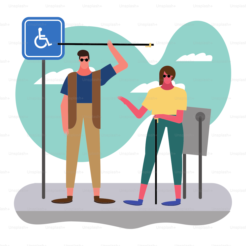 couple blind disable characters in the street vector illustration design