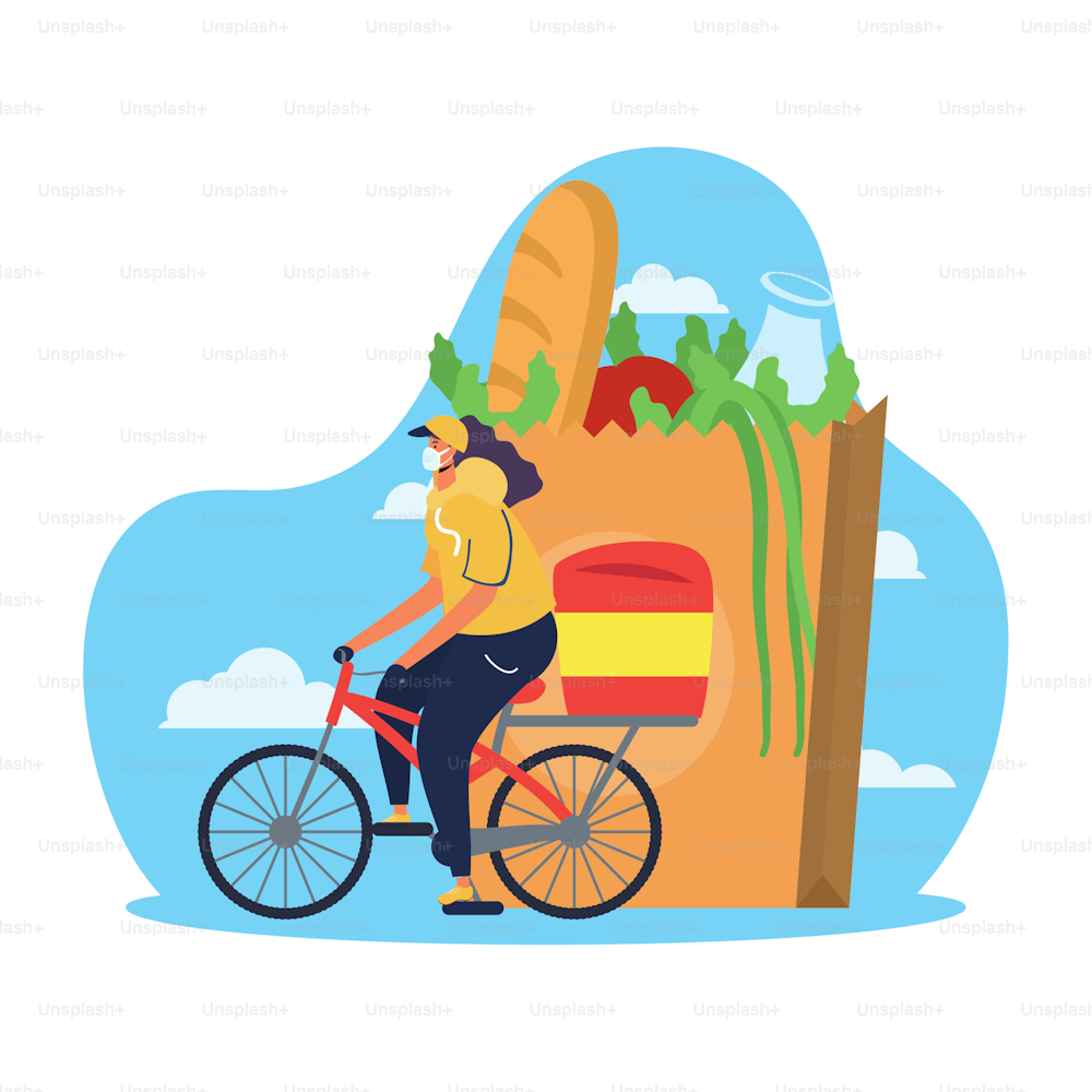 safe food delivery female worker with groceries bag in bicycle vector illustration design