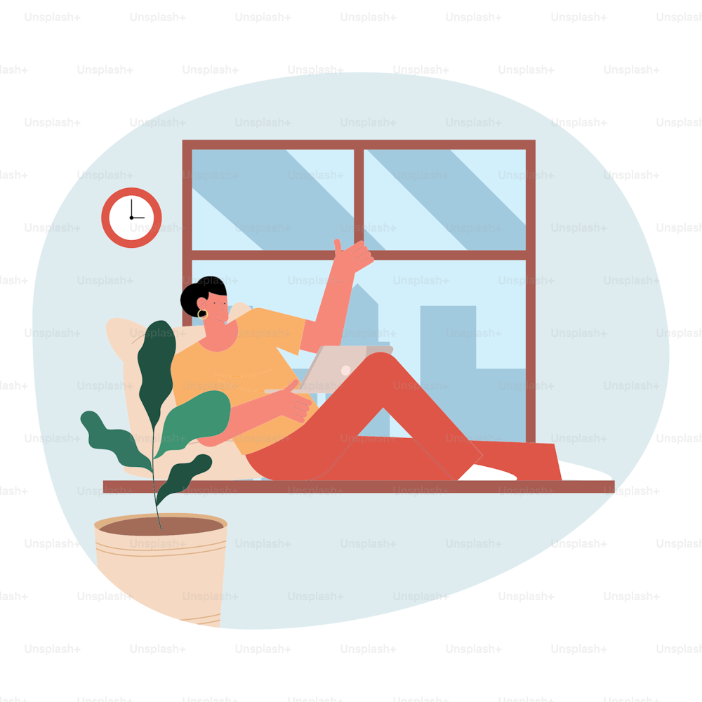 young woman using laptop seated in window office vector illustration design