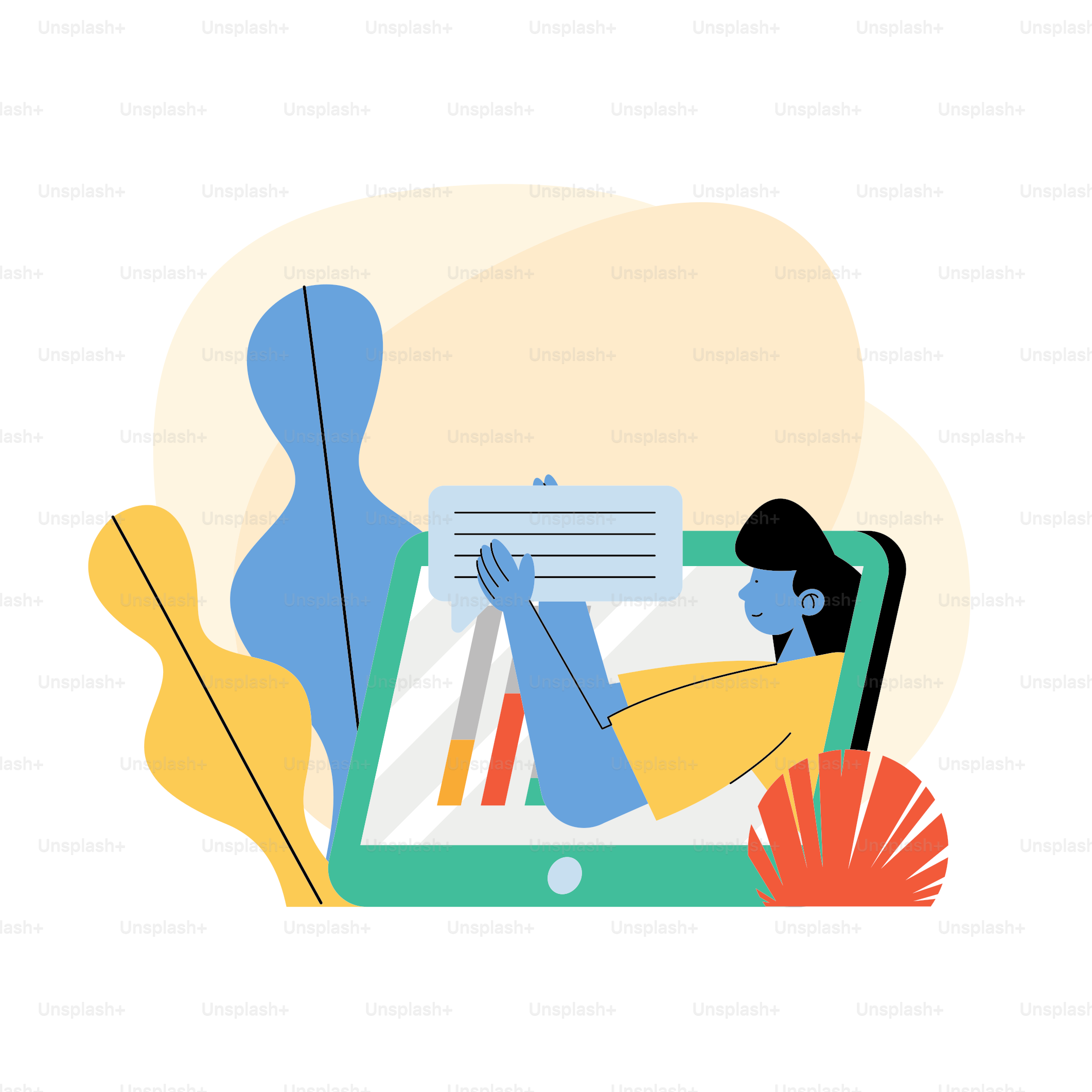 Mujer joven levantando burbuja de diálogo en diseño de ilustración vectorial de tableta