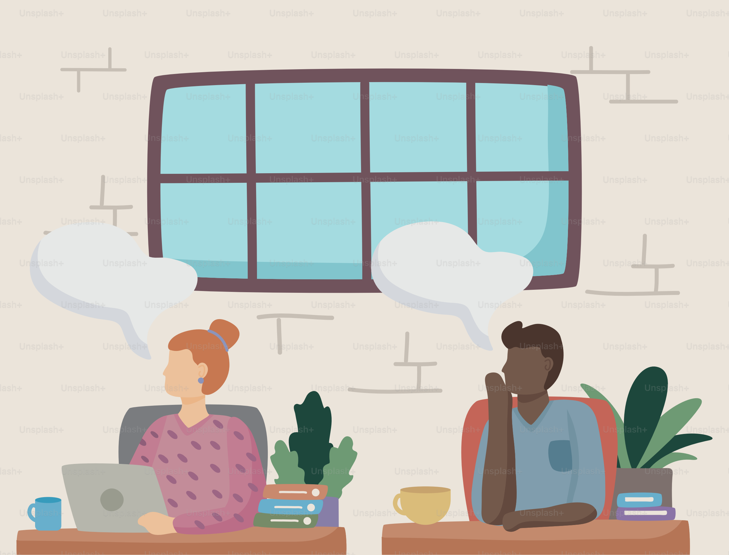 Couple interracial rêvant au travail, personnages, illustration vectorielle, design.