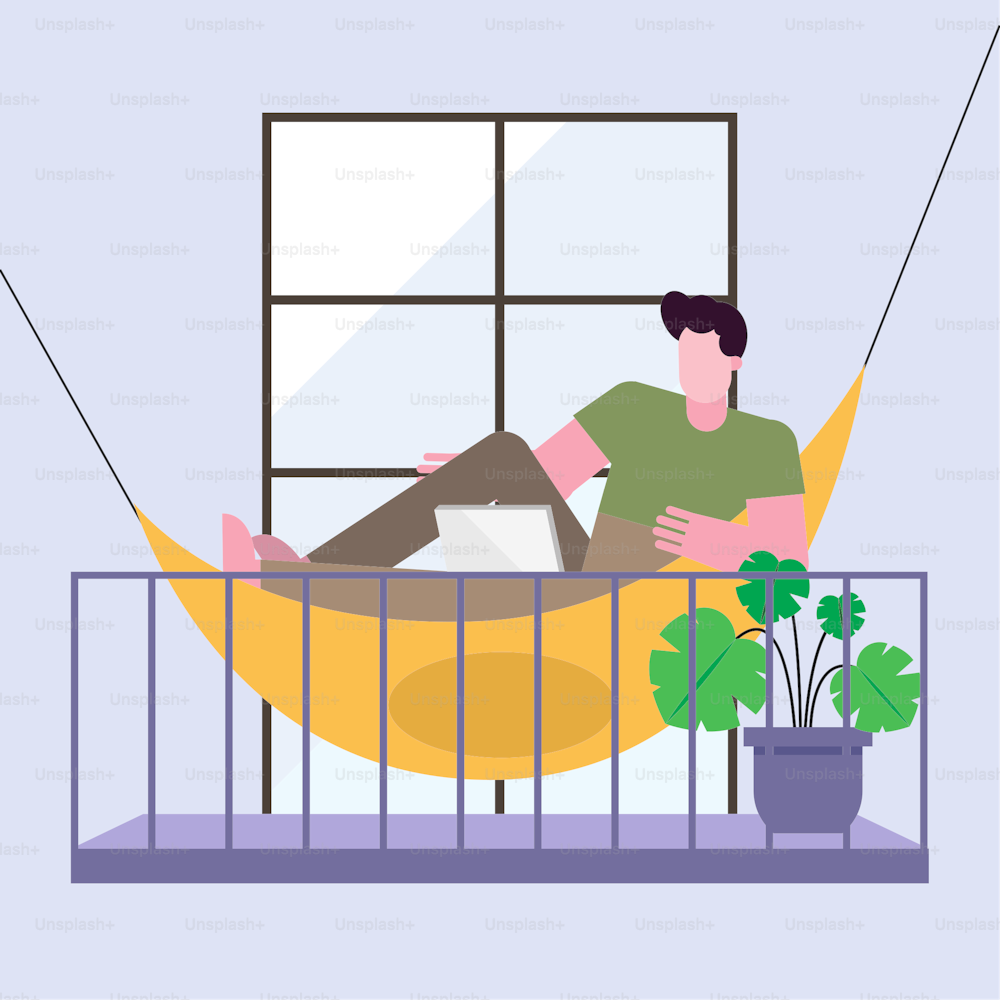Man with laptop working on hammock from home design of telecommuting theme Vector illustration