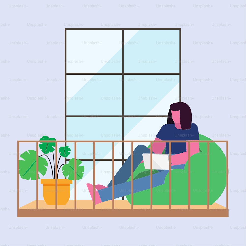 woman with laptop working on puf from home design of telecommuting theme Vector illustration