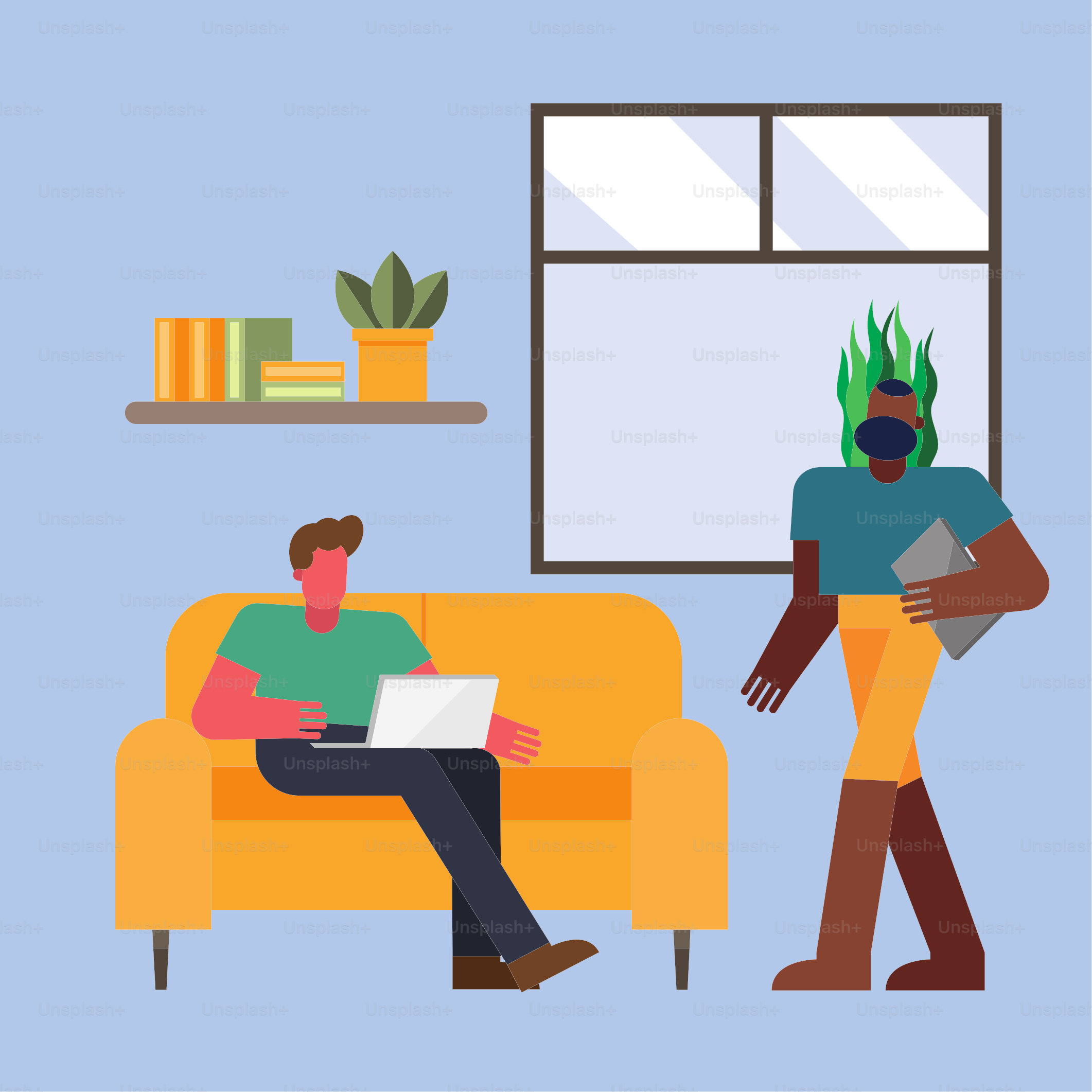 Men with laptop working on couch from home design of telecommuting theme Vector illustration