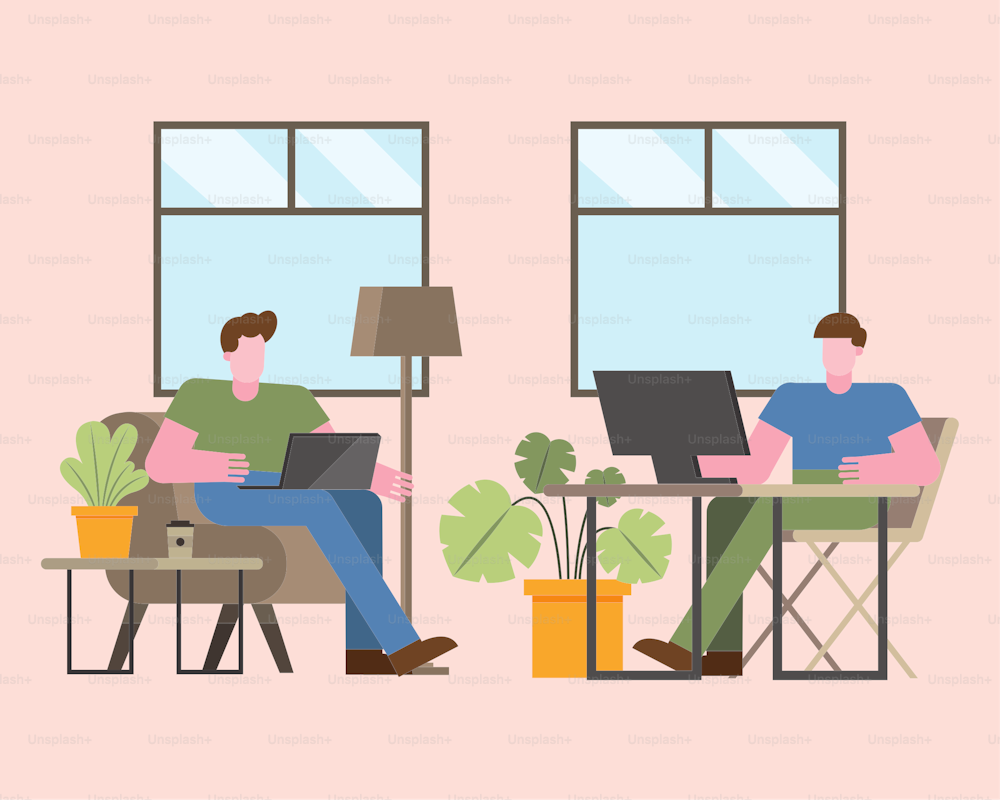 Hombres con computadora portátil y computadora trabajando desde casa diseño del tema de teletrabajo Ilustración vectorial
