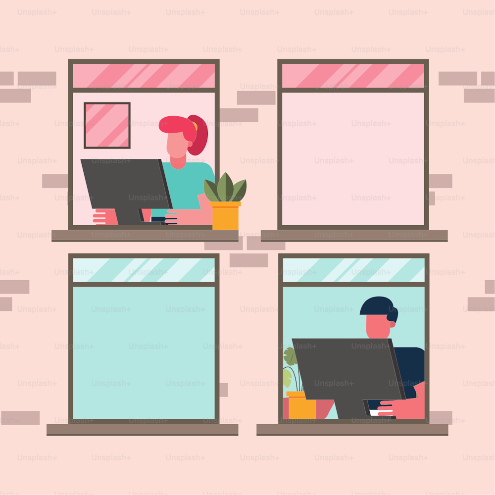 Hombre y mujer con computadora trabajando en ventana desde casa diseño del tema de teletrabajo Ilustración vectorial