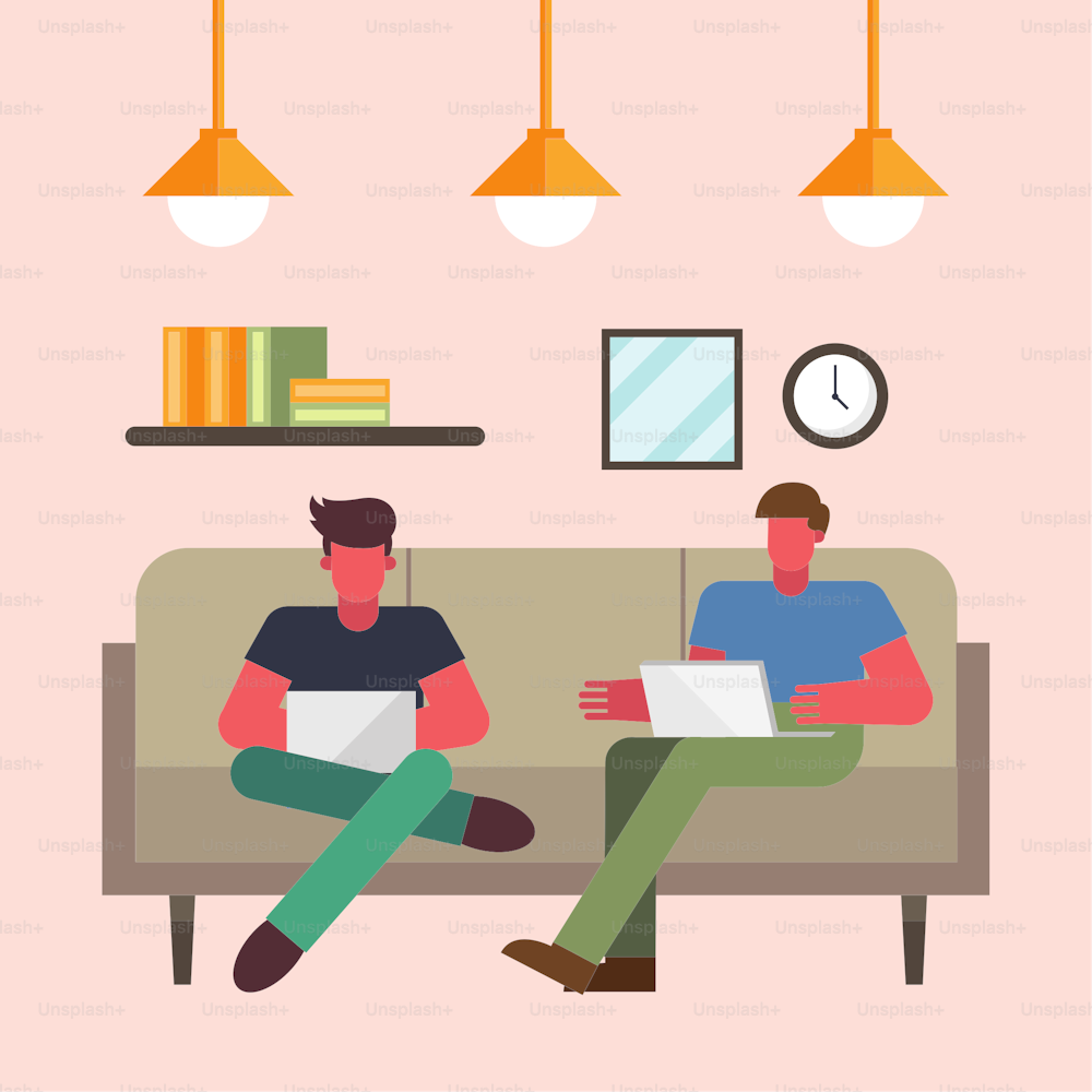 Men with laptop working on couch from home design of telecommuting theme Vector illustration
