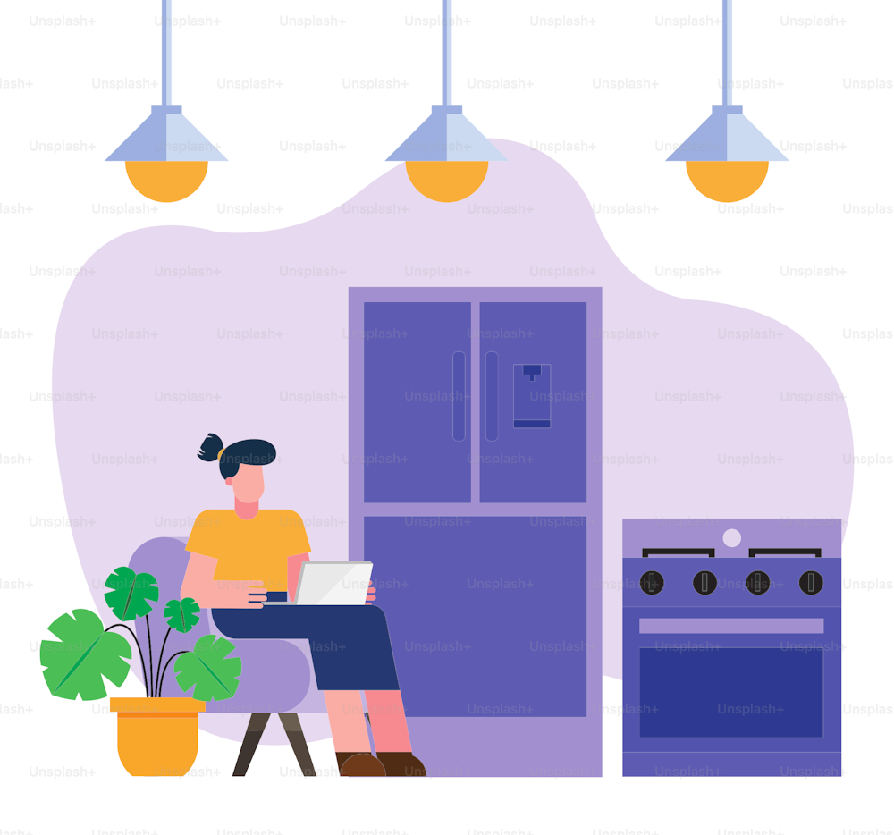 woman with laptop working on chair from home kitchen design of telecommuting theme Vector illustration