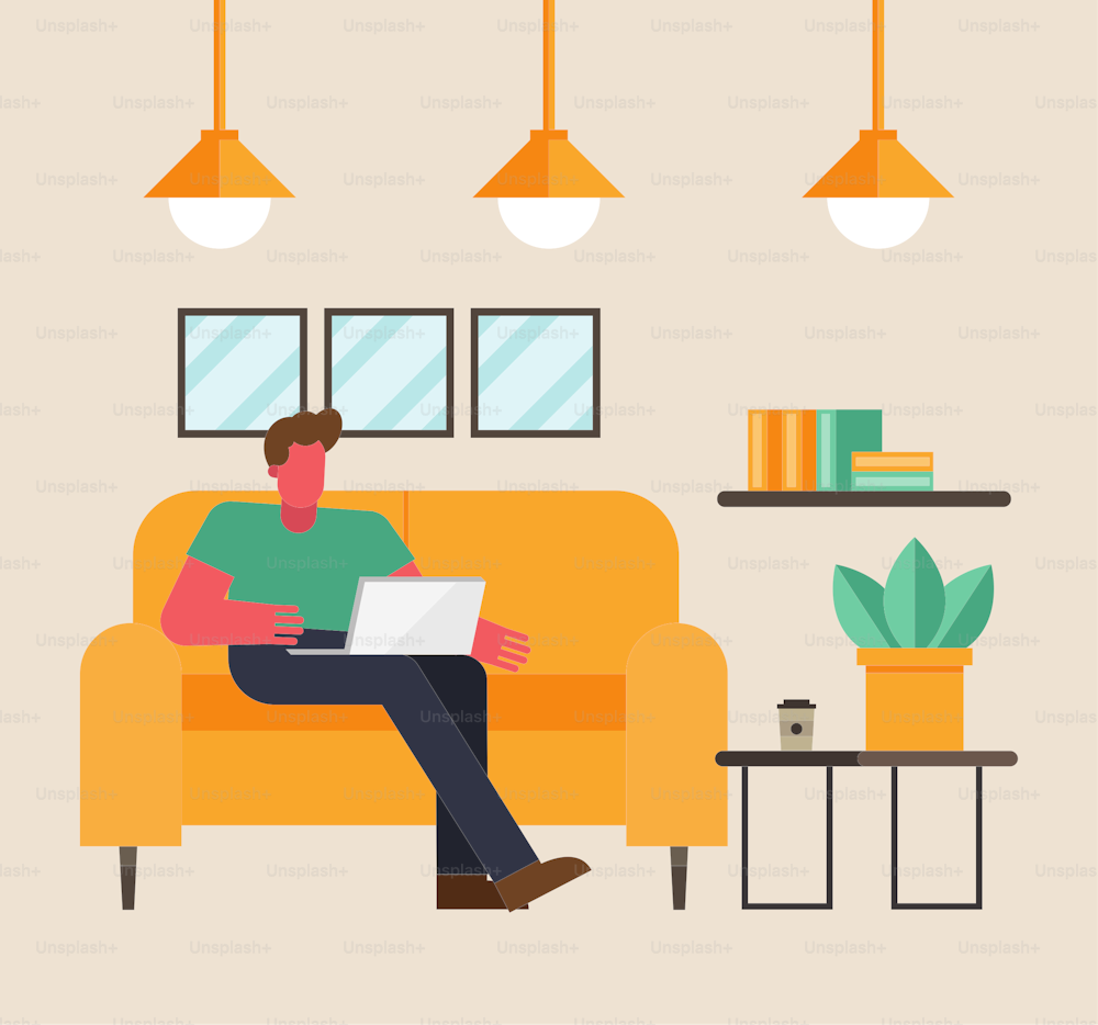 Man with laptop working on couch from home design of telecommuting theme Vector illustration