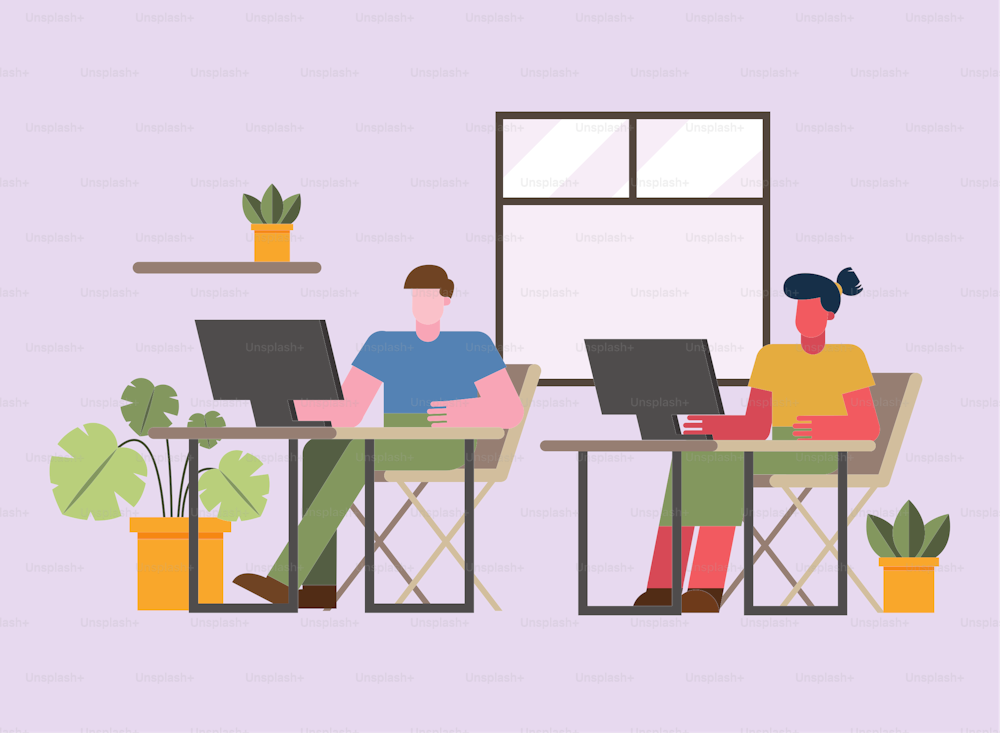 Man and woman with computer working at desk from home design of telecommuting theme Vector illustration