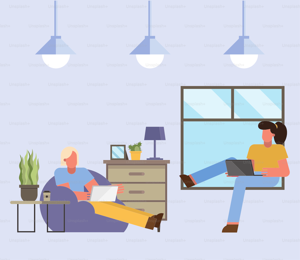 Man and woman with laptop working from home design of telecommuting theme Vector illustration