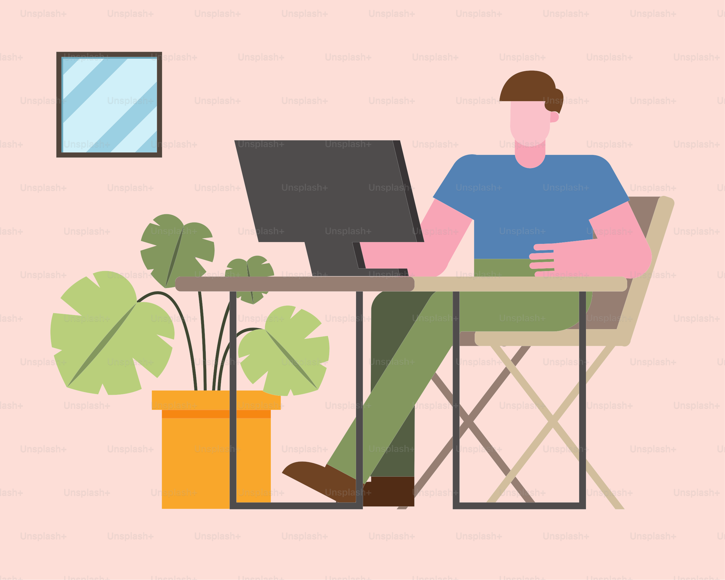 Man with computer working at desk from home design of telecommuting theme Vector illustration