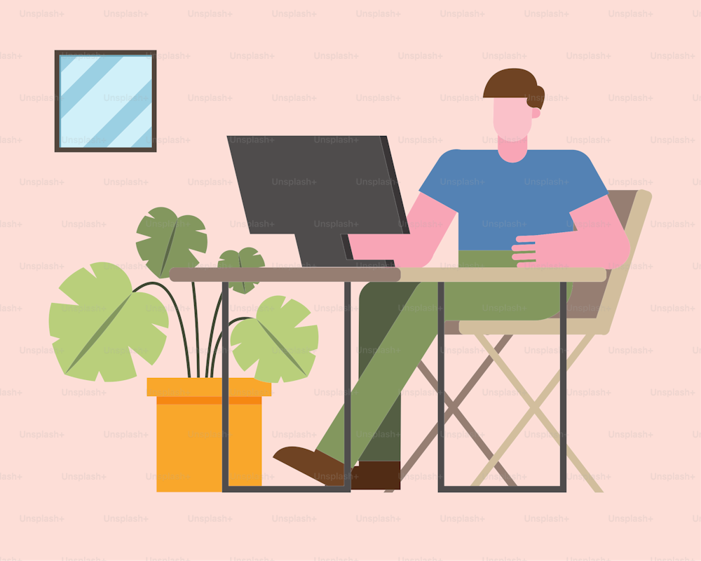 Man with computer working at desk from home design of telecommuting theme Vector illustration