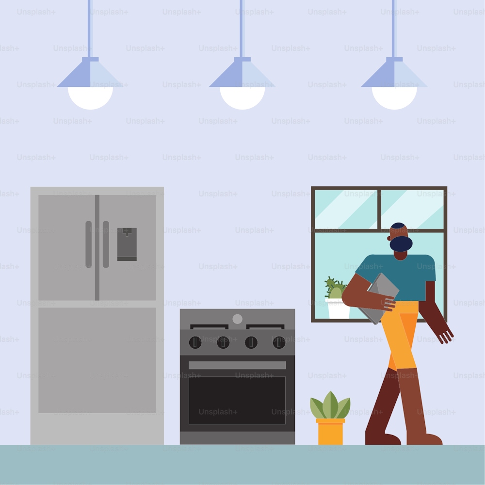 Man with laptop working from home kitchen design of telecommuting theme Vector illustration
