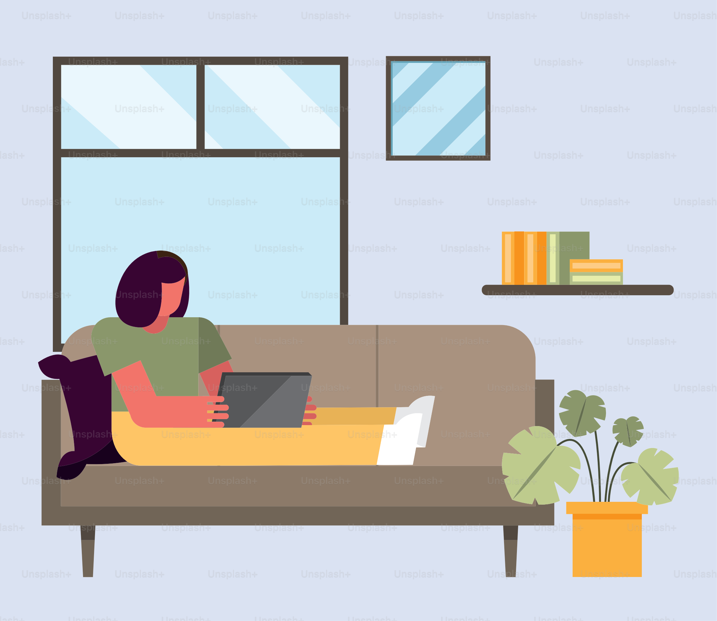 femme avec un ordinateur portable travaillant sur un canapé depuis la maison conception du thème du télétravail Illustration vectorielle