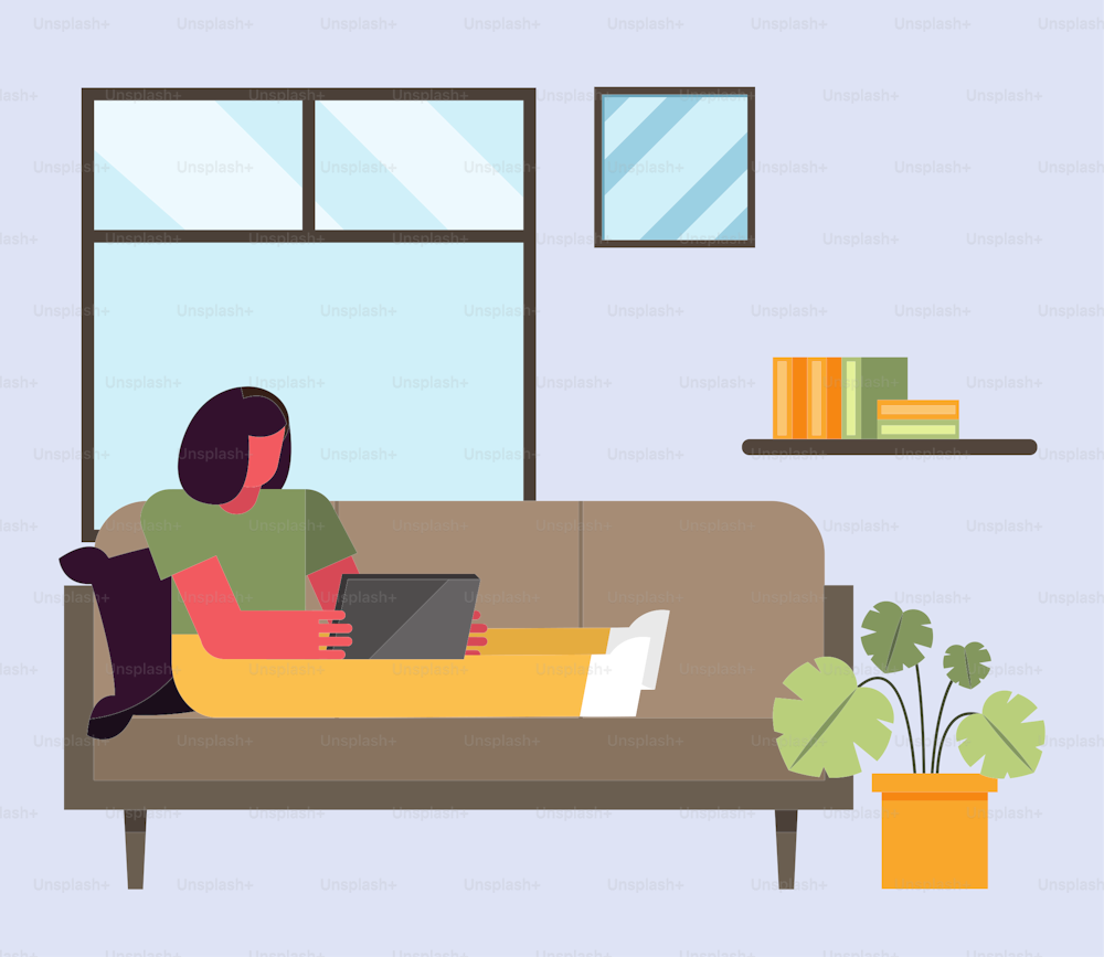 自宅からソファで働くノートパソコンを持つ女性 在宅勤務のテーマのデザイン ベクターイラスト