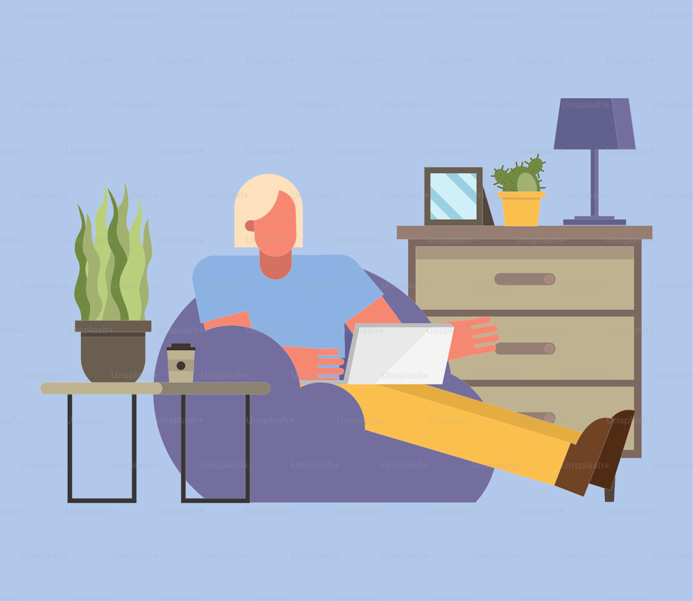 blond man with laptop working on puf from home design of telecommuting theme Vector illustration