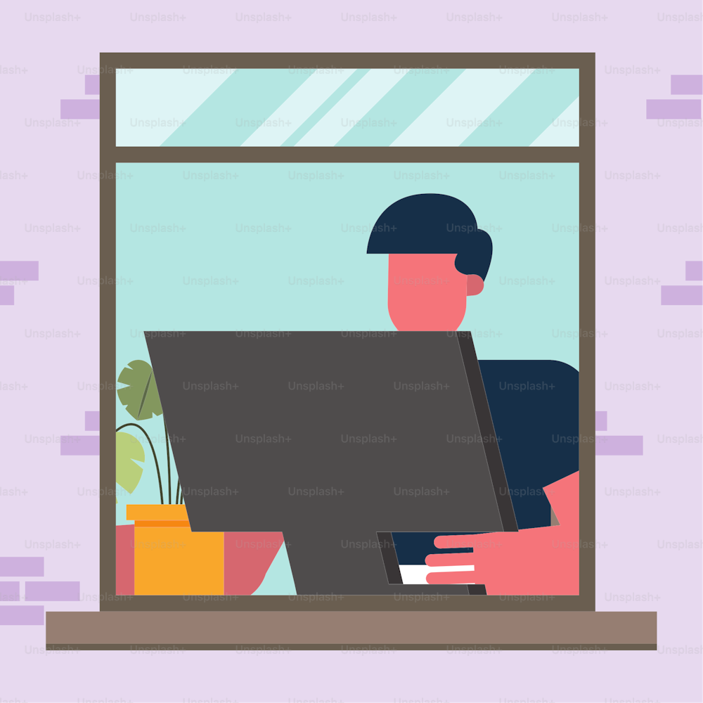 在宅勤務のテーマのデザインから窓で働くコンピューターを持つ男性ベクターイラスト