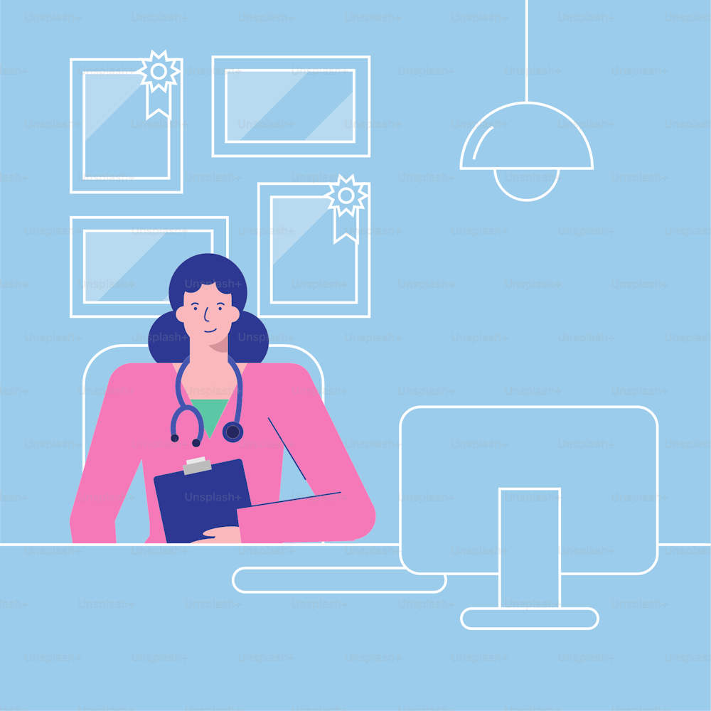 professional female doctor working in desktop avatar character vector illustration design