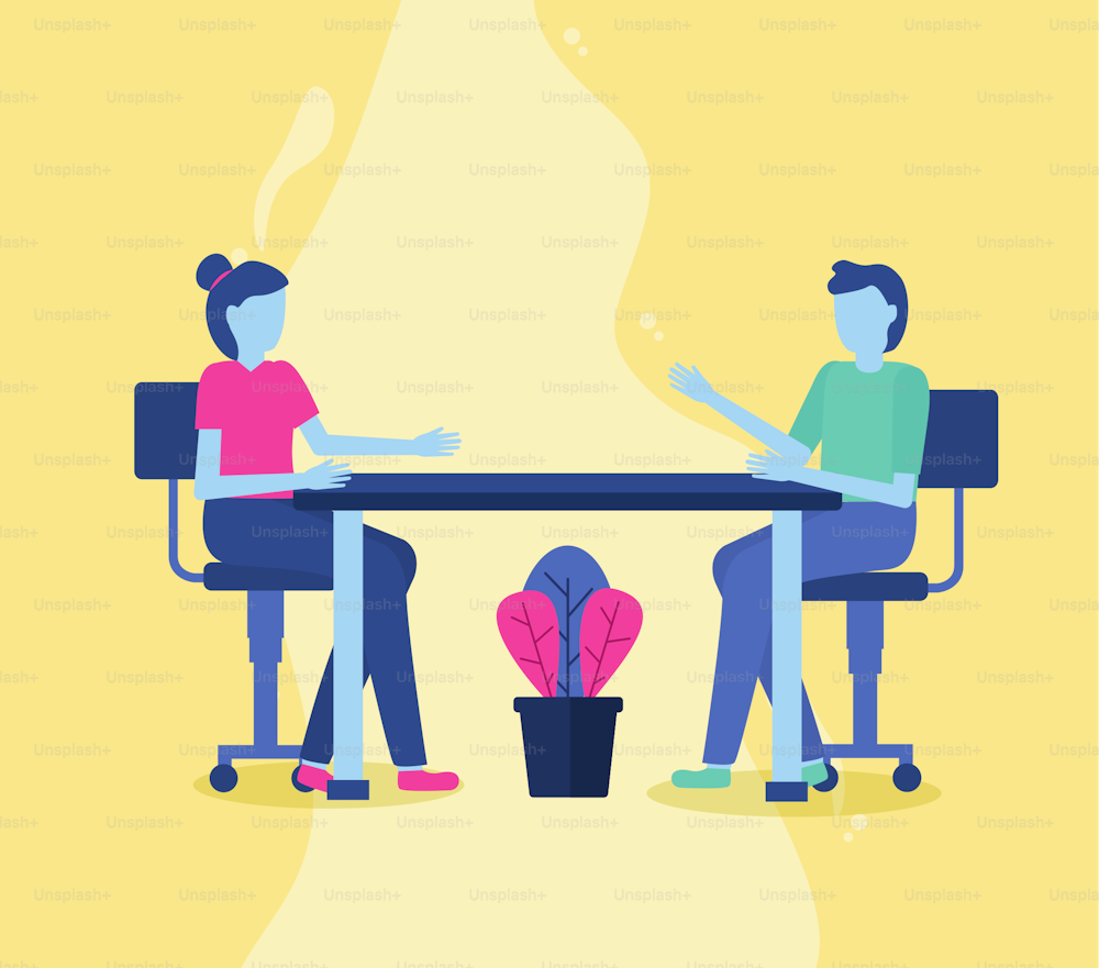 man and woman sitting on chairs office vector illustration