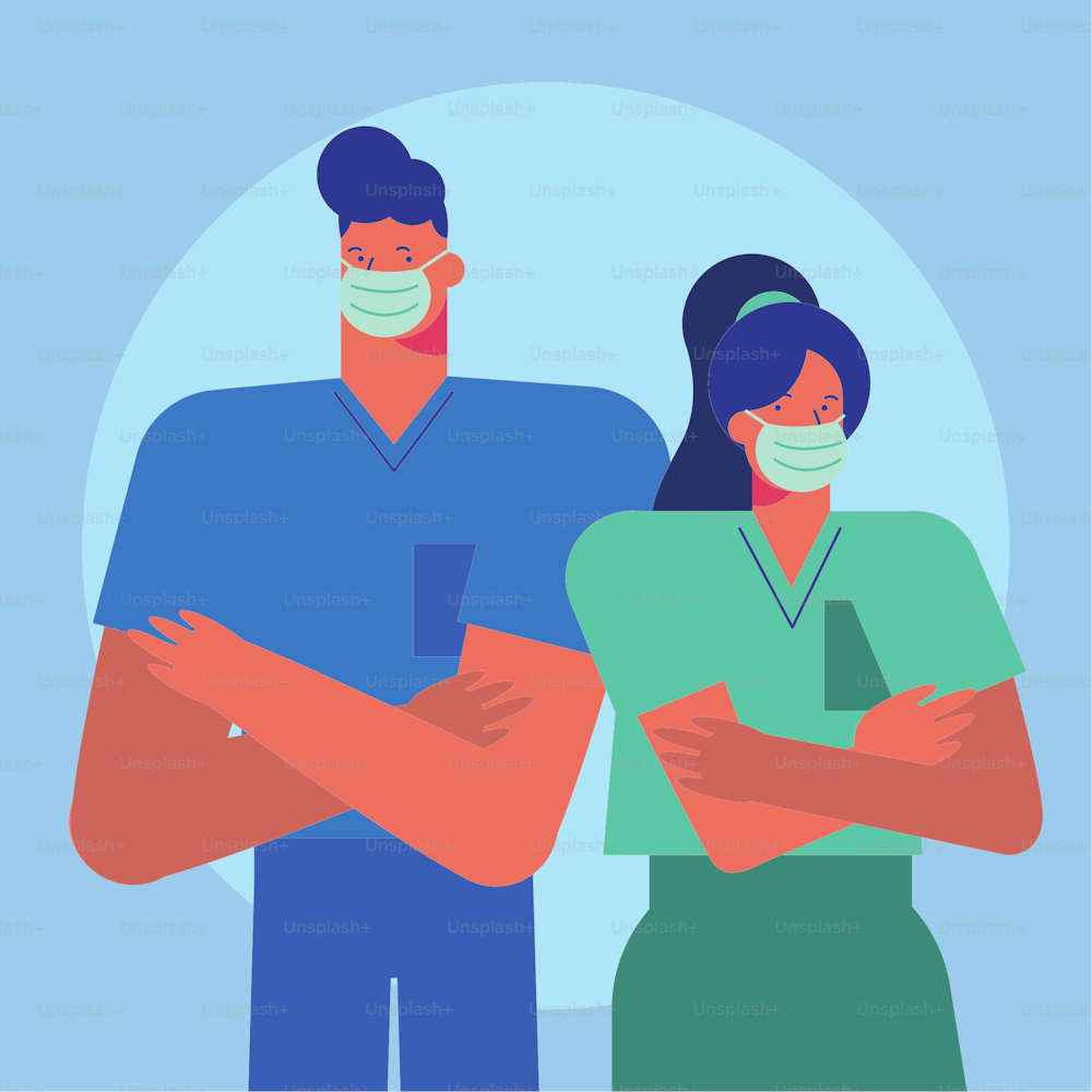 professional doctors couple wearing medical masks vector illustration design