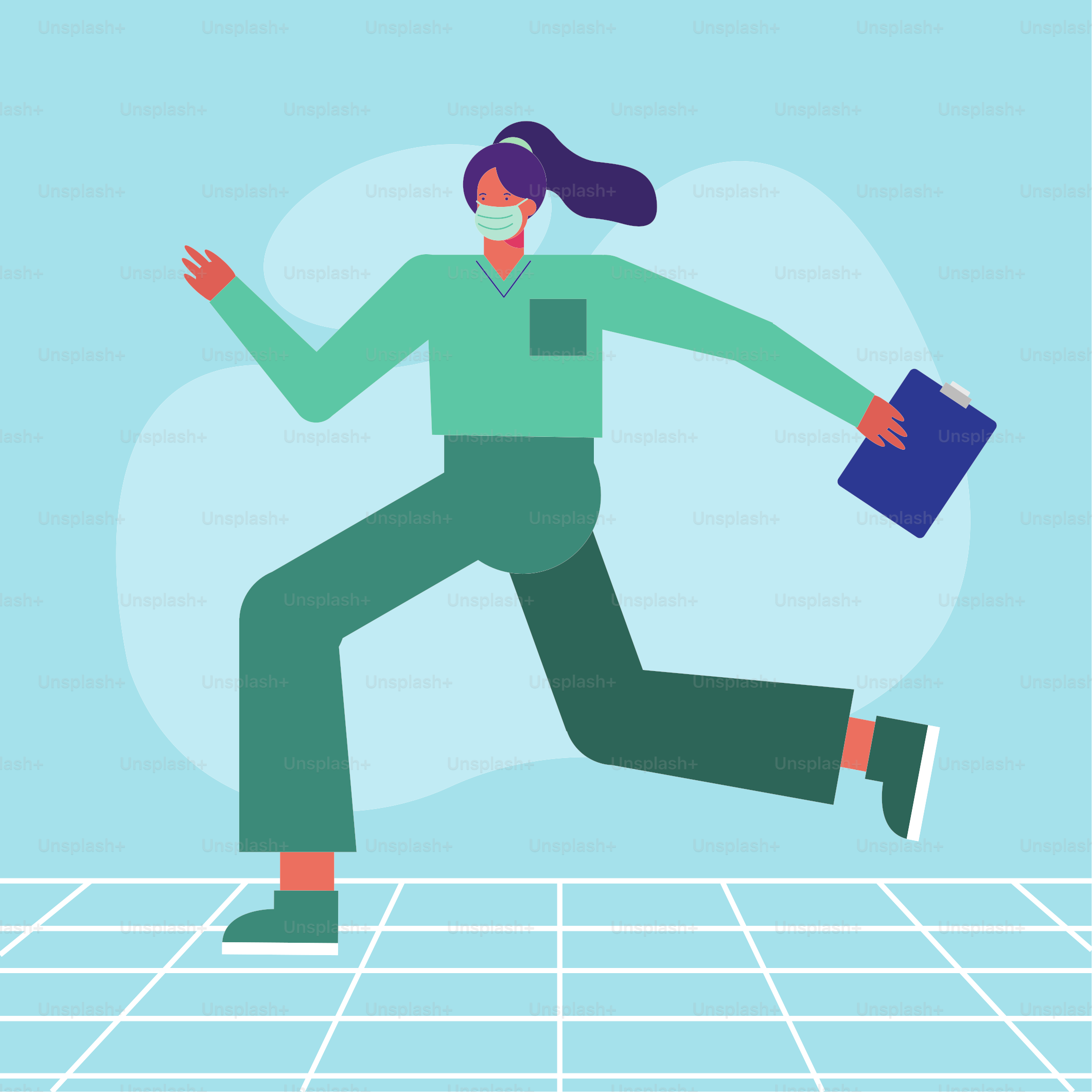 Cirurgiã profissional usando máscara médica correndo com design de ilustração vetorial de checklist