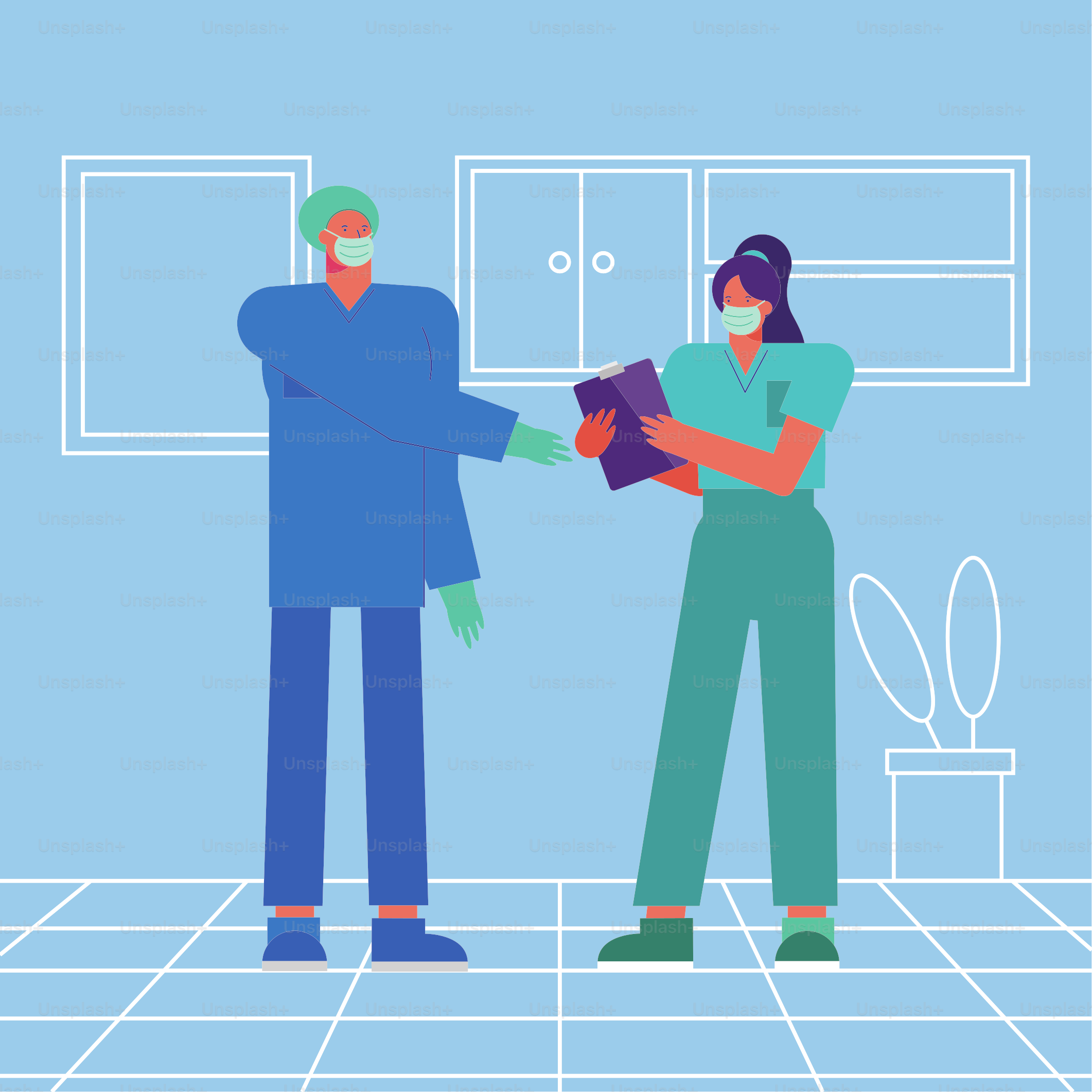 Professionelle Ärzte, Paare mit medizinischen Masken, Vektorillustration, Design