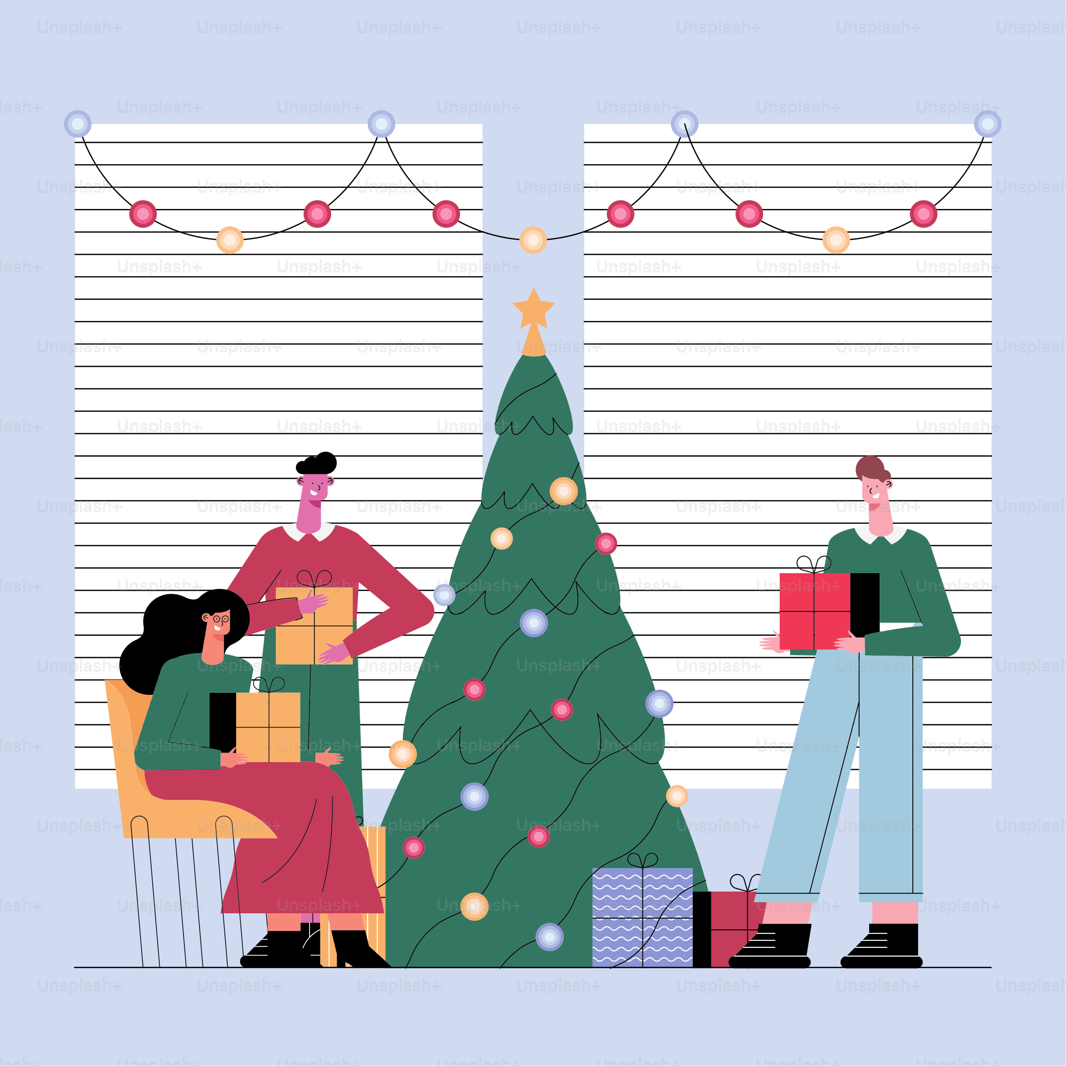 workers celebrating christmas with tree