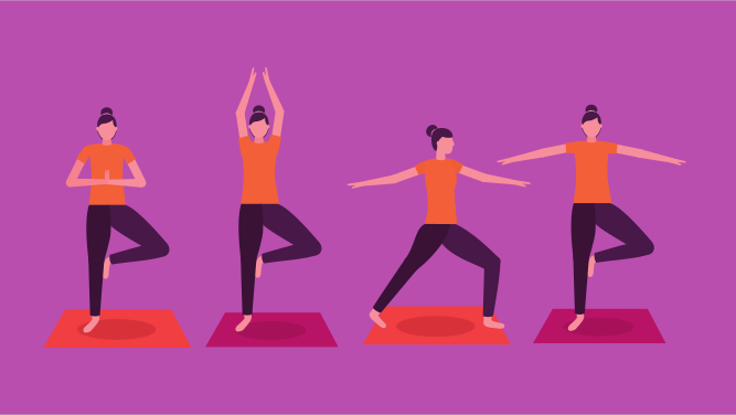 collage woman yoga activity steps vector illustration
