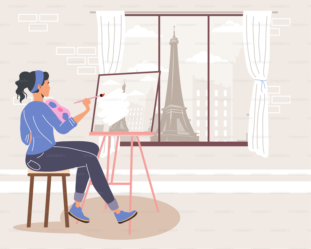 パリのシーンで女性アーティストの絵を描く