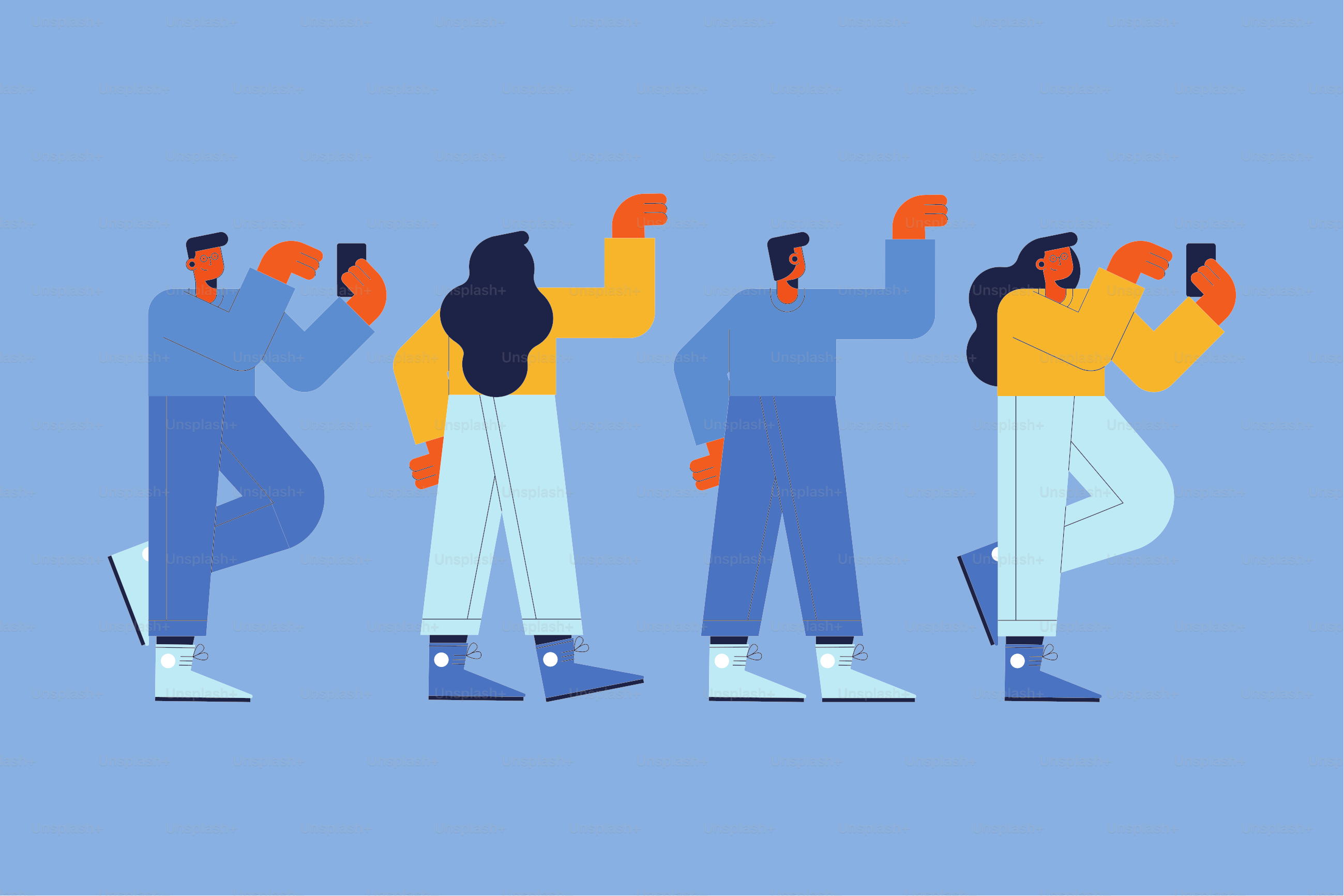 Women and men cartoons set with smartphone