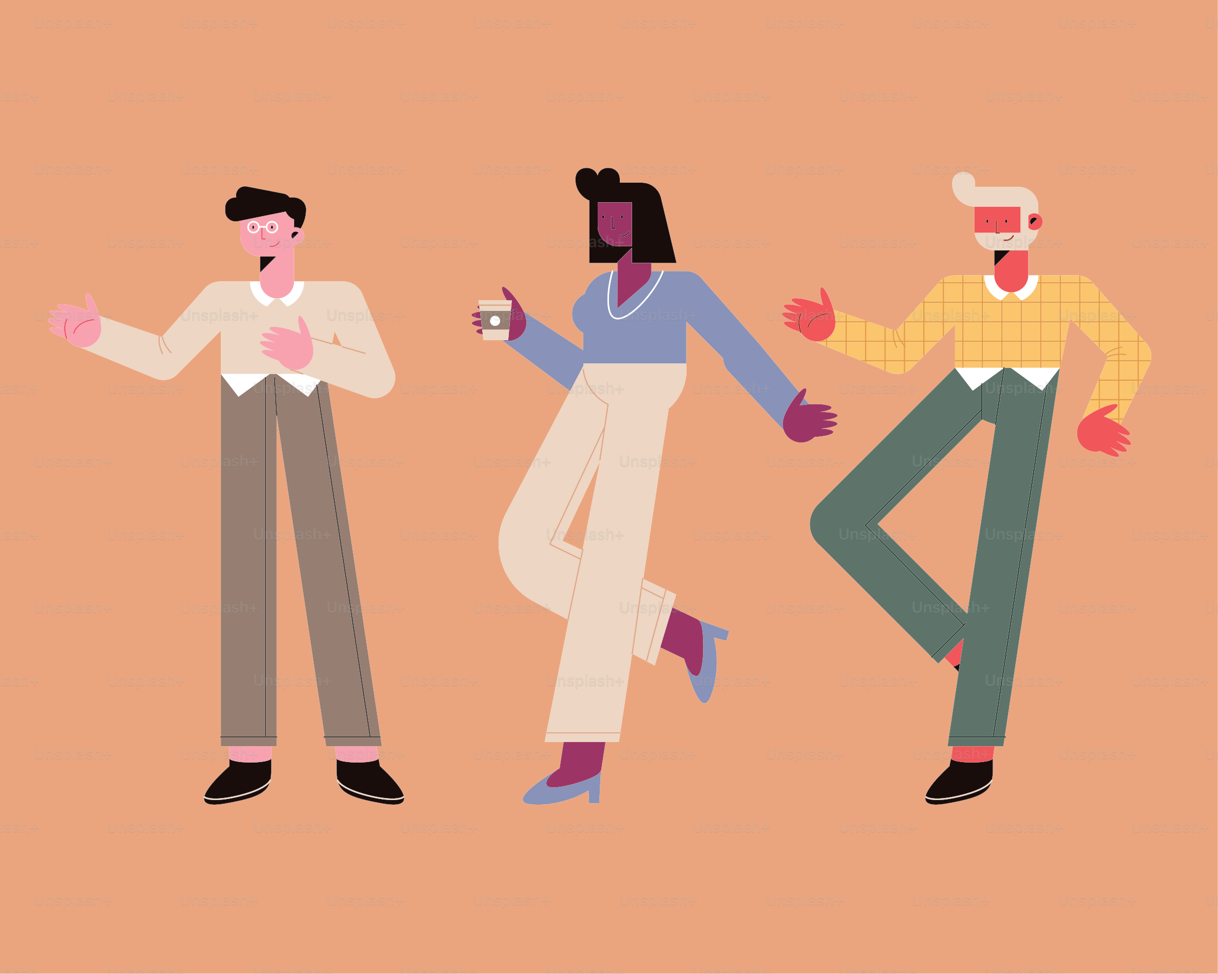 Woman and men cartoons on orange background